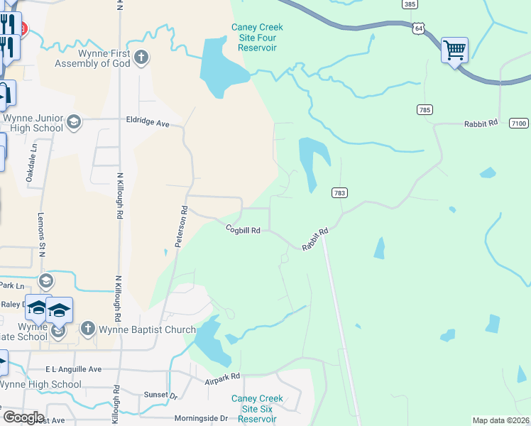 map of restaurants, bars, coffee shops, grocery stores, and more near 1909 Heath Lane in Wynne
