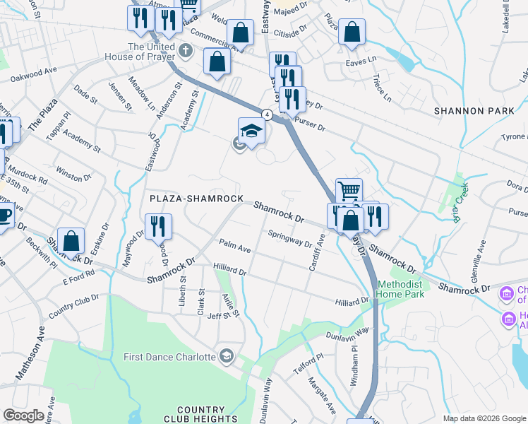 map of restaurants, bars, coffee shops, grocery stores, and more near in Charlotte