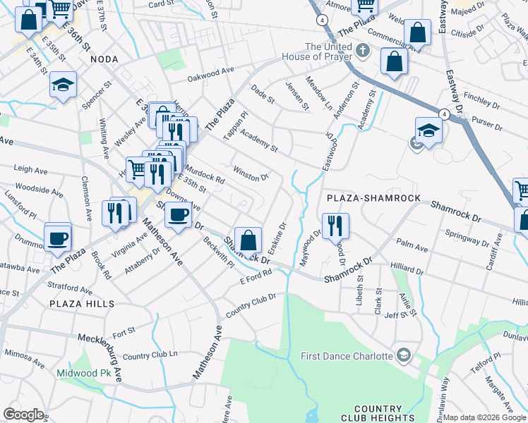map of restaurants, bars, coffee shops, grocery stores, and more near in Charlotte
