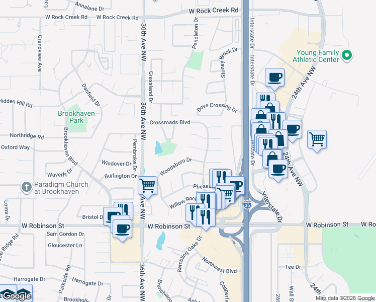 map of restaurants, bars, coffee shops, grocery stores, and more near 3224 Cove Hollow Court in Norman