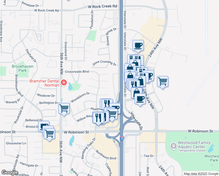 map of restaurants, bars, coffee shops, grocery stores, and more near 3103 Cove Hollow Court in Norman