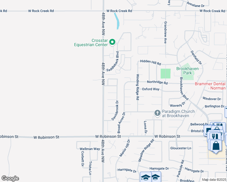 map of restaurants, bars, coffee shops, grocery stores, and more near 4705 Marston Court in Norman