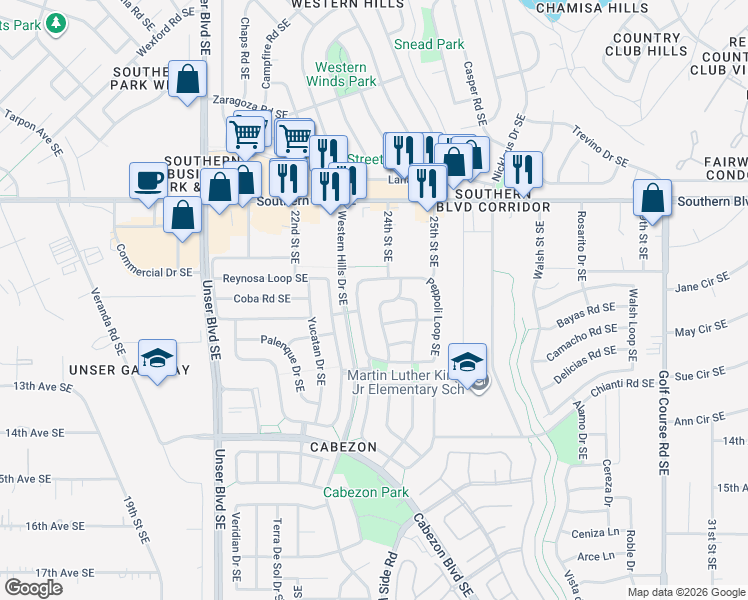map of restaurants, bars, coffee shops, grocery stores, and more near 1101 Toscana Drive Southeast in Rio Rancho