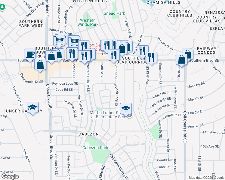 map of restaurants, bars, coffee shops, grocery stores, and more near 1305 Danzante Drive Southeast in Rio Rancho