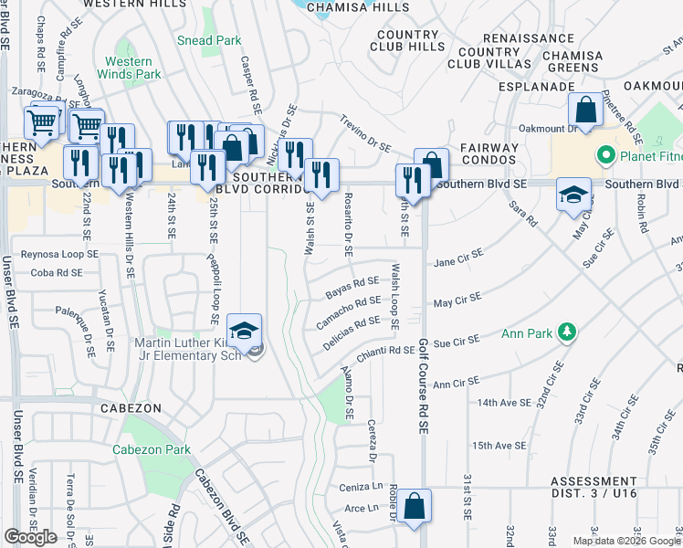 map of restaurants, bars, coffee shops, grocery stores, and more near 3221 Walsh Loop Southeast in Rio Rancho