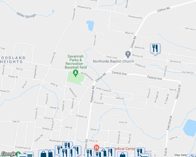 map of restaurants, bars, coffee shops, grocery stores, and more near 865 Clifton Road in Savannah