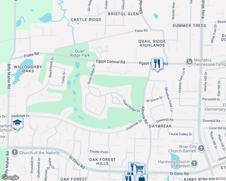 map of restaurants, bars, coffee shops, grocery stores, and more near 6406 Quail Ridge Drive in Bartlett