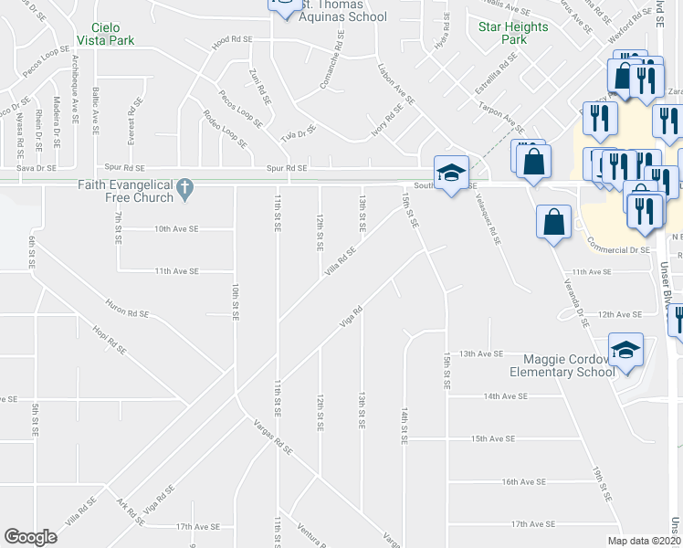 map of restaurants, bars, coffee shops, grocery stores, and more near 1210 Villa Road Southeast in Rio Rancho