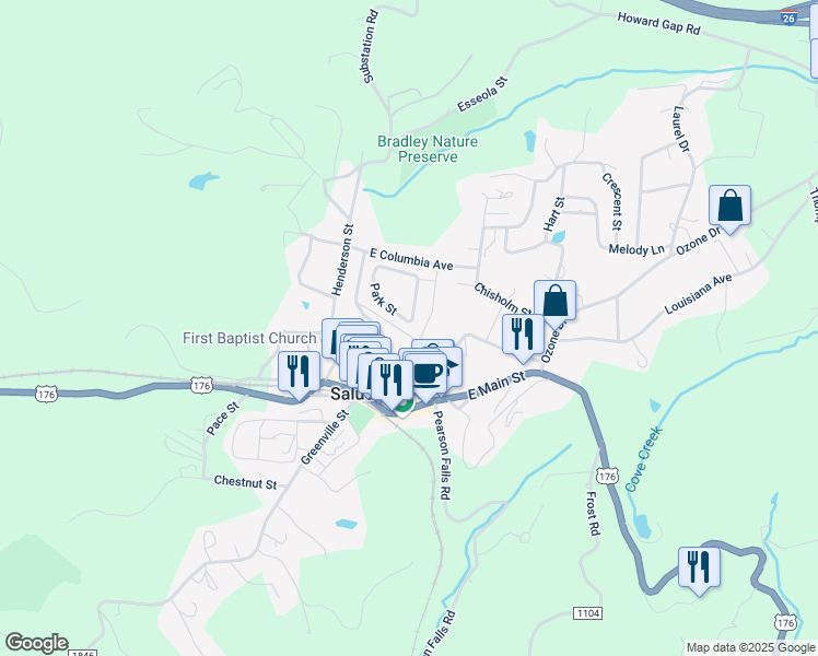 map of restaurants, bars, coffee shops, grocery stores, and more near 112 Charles Street in Saluda