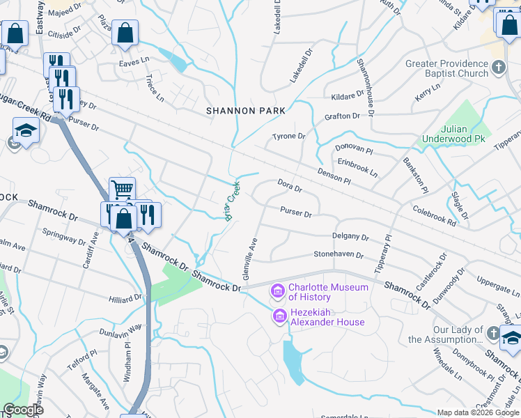 map of restaurants, bars, coffee shops, grocery stores, and more near 2422 Purser Drive in Charlotte