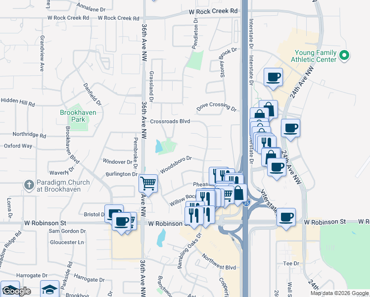 map of restaurants, bars, coffee shops, grocery stores, and more near 3224 Cove Hollow Court in Norman