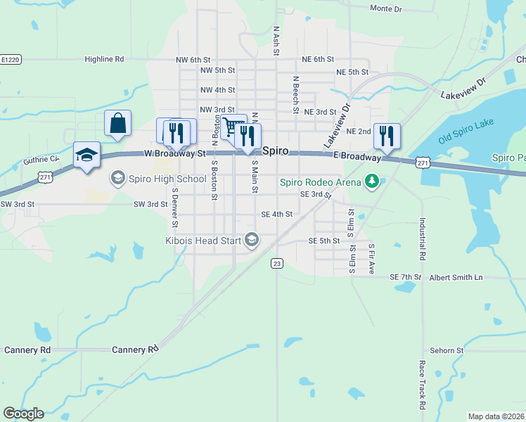 map of restaurants, bars, coffee shops, grocery stores, and more near 401 South Ash Street in Spiro