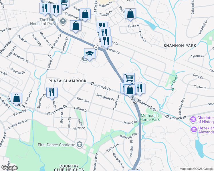 map of restaurants, bars, coffee shops, grocery stores, and more near 2735 Shamrock Drive in Charlotte