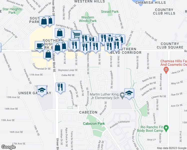 map of restaurants, bars, coffee shops, grocery stores, and more near 1467 Peppoli Loop Southeast in Rio Rancho