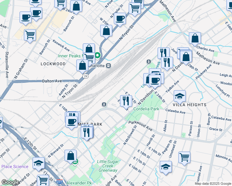 map of restaurants, bars, coffee shops, grocery stores, and more near 1835 North Brevard Street in Charlotte