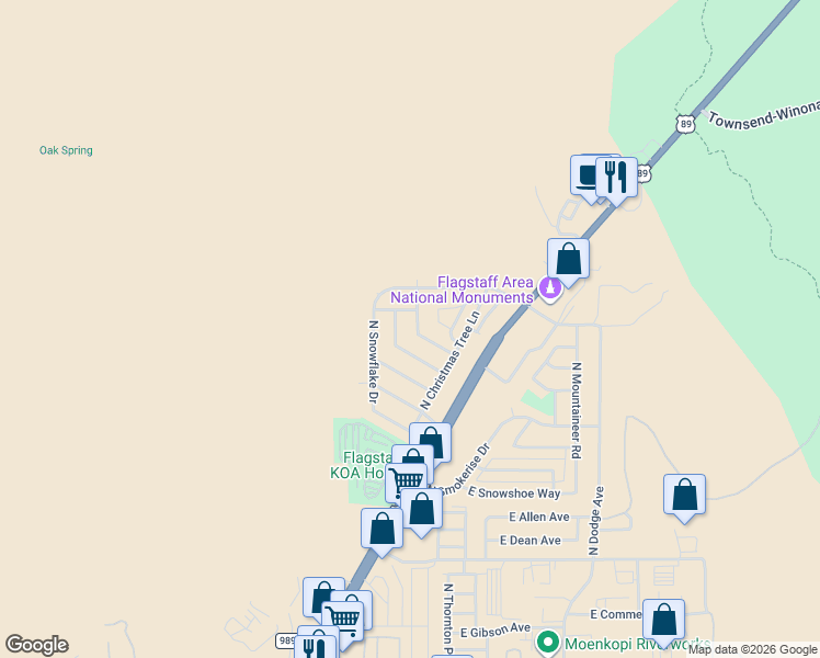 map of restaurants, bars, coffee shops, grocery stores, and more near 4379 East Hollygreen Road in Flagstaff