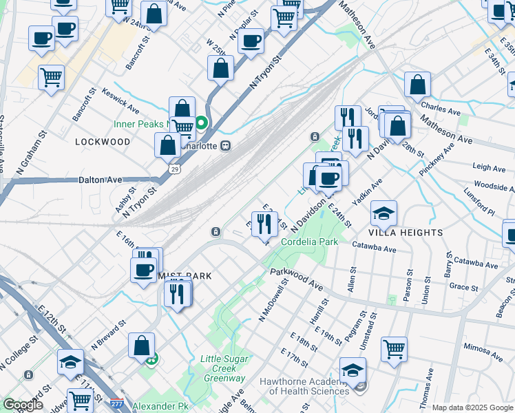 map of restaurants, bars, coffee shops, grocery stores, and more near 425 East 22nd Street in Charlotte