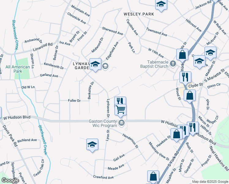 map of restaurants, bars, coffee shops, grocery stores, and more near 1650 Herman Drive in Gastonia