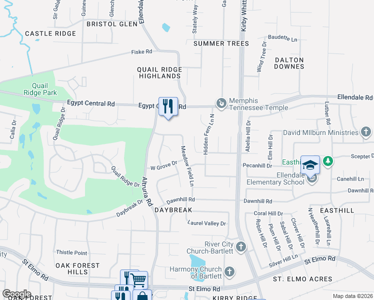 map of restaurants, bars, coffee shops, grocery stores, and more near 4110 Meadow Field Lane in Bartlett