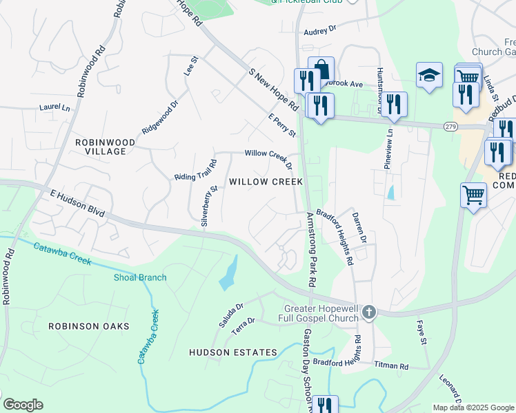 map of restaurants, bars, coffee shops, grocery stores, and more near 1013 Willow Wind Drive in Gastonia