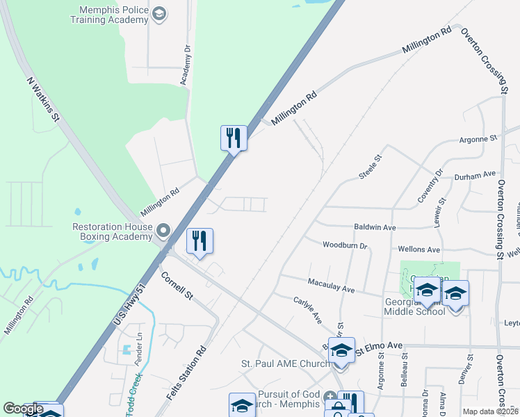 map of restaurants, bars, coffee shops, grocery stores, and more near 1645 Via Roma Drive in Memphis