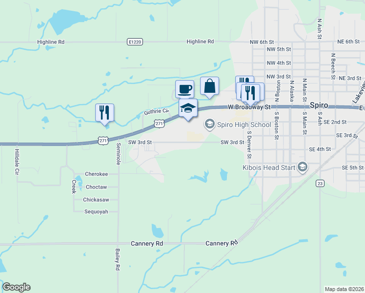 map of restaurants, bars, coffee shops, grocery stores, and more near 812 Southwest 3rd Street in Spiro
