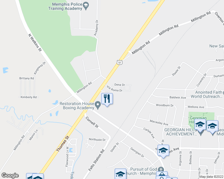 map of restaurants, bars, coffee shops, grocery stores, and more near 1604 Via Roma Drive in Memphis