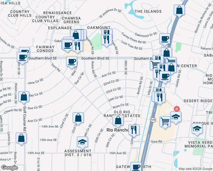 map of restaurants, bars, coffee shops, grocery stores, and more near 3512 32nd Circle Southeast in Rio Rancho