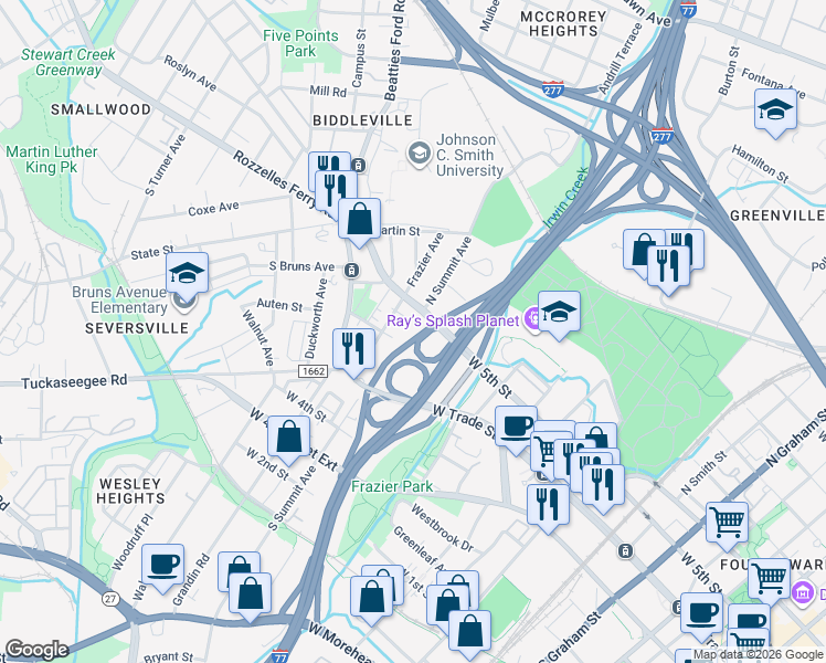 map of restaurants, bars, coffee shops, grocery stores, and more near 212 North Summit Avenue in Charlotte