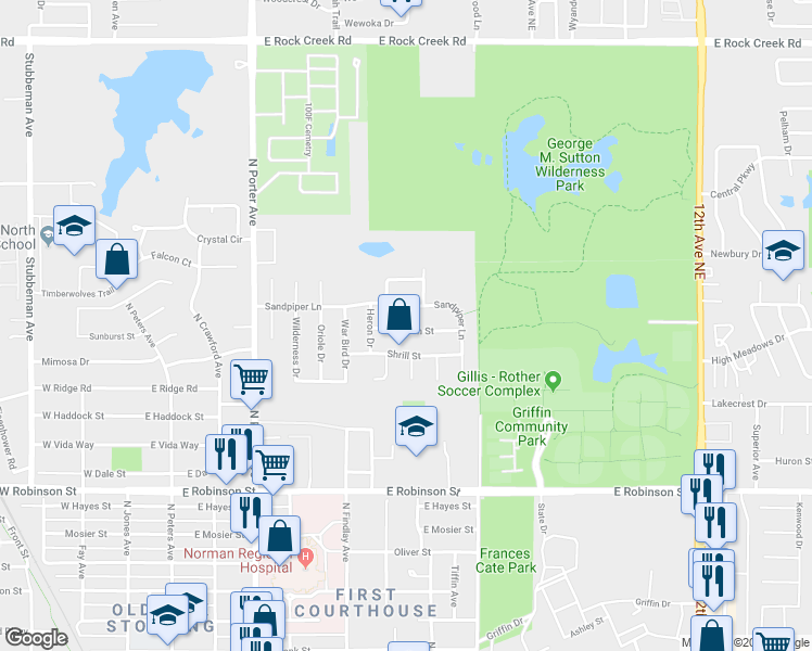 map of restaurants, bars, coffee shops, grocery stores, and more near 421 Finch Street in Norman