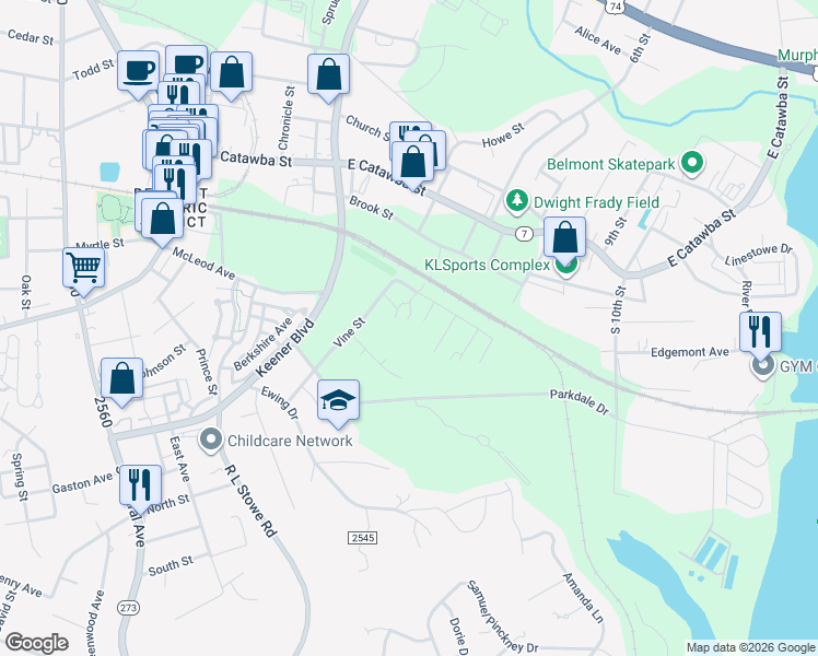 map of restaurants, bars, coffee shops, grocery stores, and more near 505 5th Street Extension in Belmont