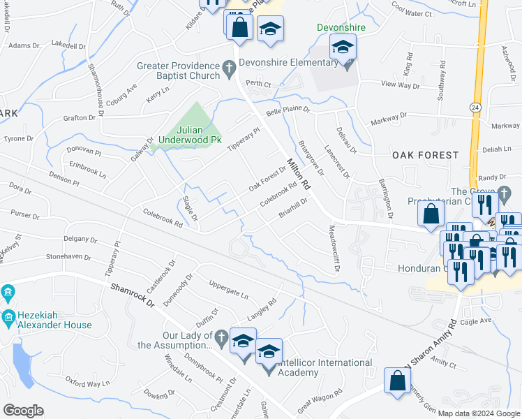 map of restaurants, bars, coffee shops, grocery stores, and more near 4200 Colebrook Road in Charlotte