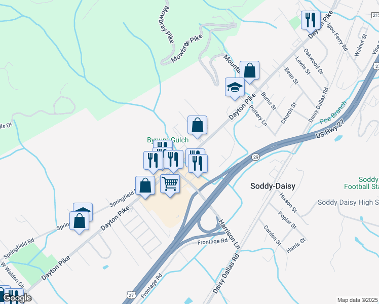 map of restaurants, bars, coffee shops, grocery stores, and more near 9449 Dayton Pike in Soddy-Daisy