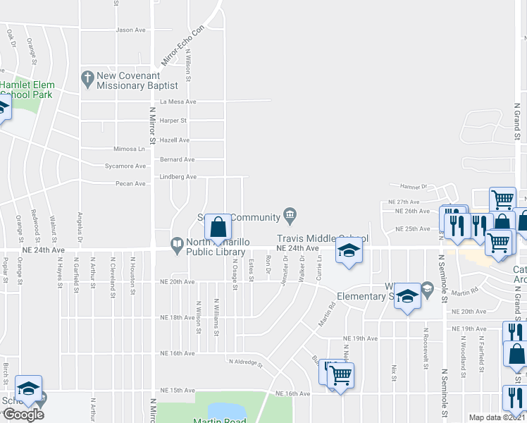 map of restaurants, bars, coffee shops, grocery stores, and more near 2401 Northeast 24th Avenue in Amarillo