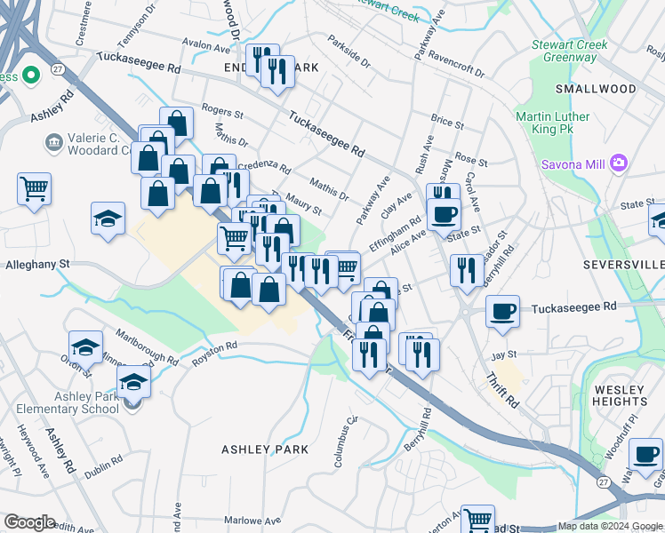 map of restaurants, bars, coffee shops, grocery stores, and more near 1518 Effingham Road in Charlotte