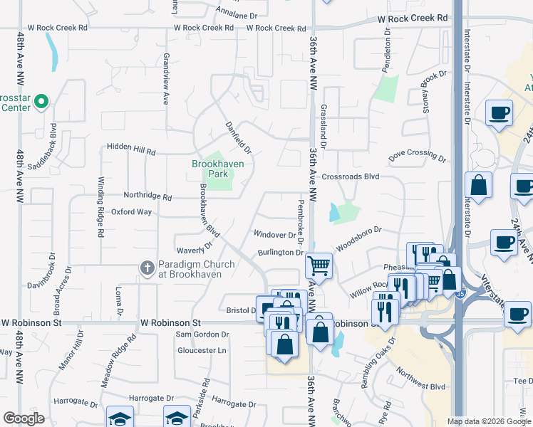map of restaurants, bars, coffee shops, grocery stores, and more near 3720 Barwick Court in Norman