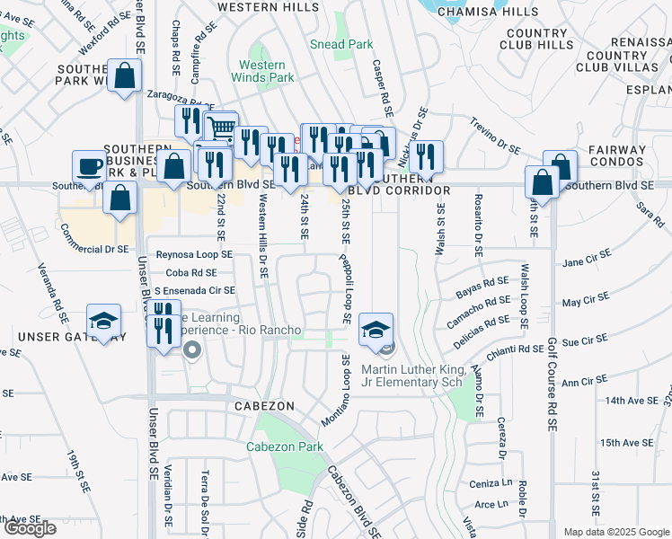 map of restaurants, bars, coffee shops, grocery stores, and more near 1301 Danzante Drive Southeast in Rio Rancho