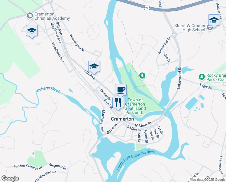 map of restaurants, bars, coffee shops, grocery stores, and more near 155 8th Avenue in Cramerton