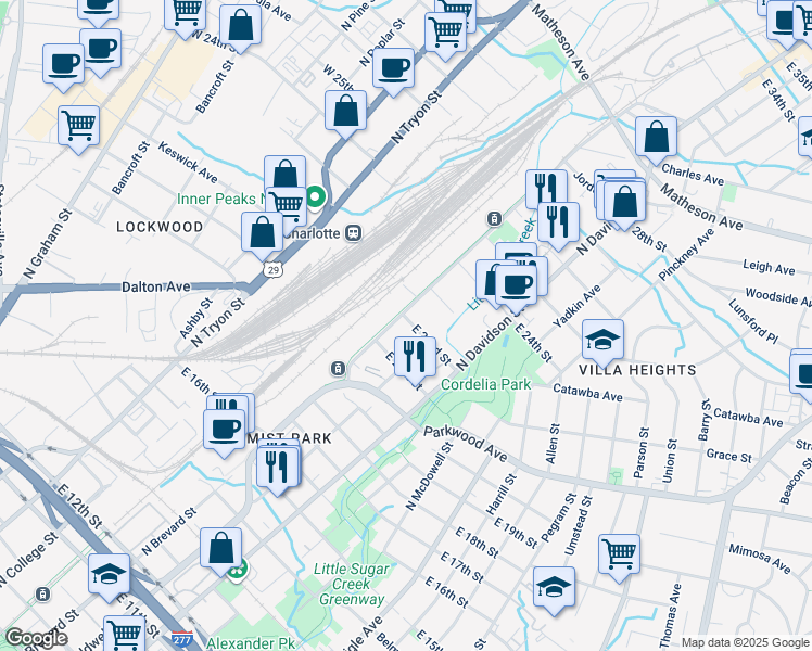 map of restaurants, bars, coffee shops, grocery stores, and more near 1824 North Brevard Street in Charlotte