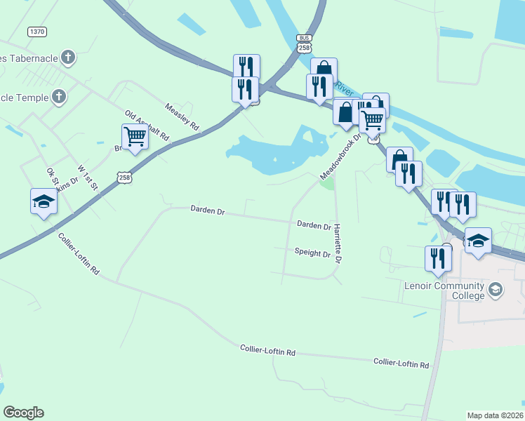 map of restaurants, bars, coffee shops, grocery stores, and more near 600 Darden Drive in Kinston
