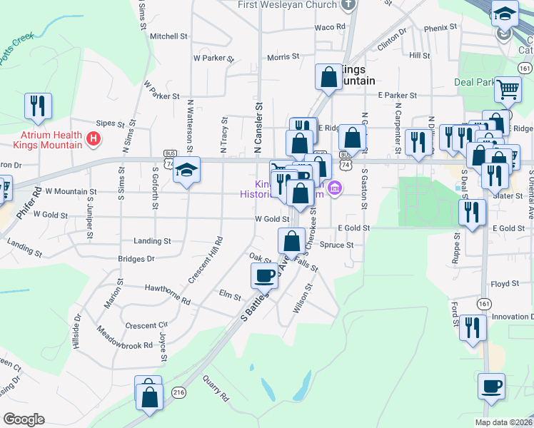map of restaurants, bars, coffee shops, grocery stores, and more near 208 West Gold Street in Kings Mountain