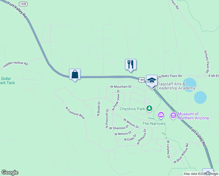 map of restaurants, bars, coffee shops, grocery stores, and more near 3609 West Mountain Drive in Flagstaff