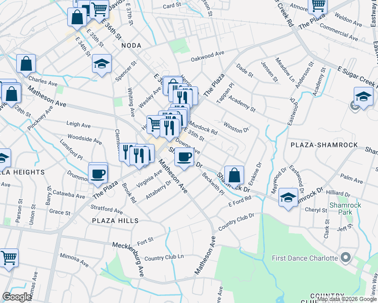 map of restaurants, bars, coffee shops, grocery stores, and more near 1337 Shamrock Drive in Charlotte