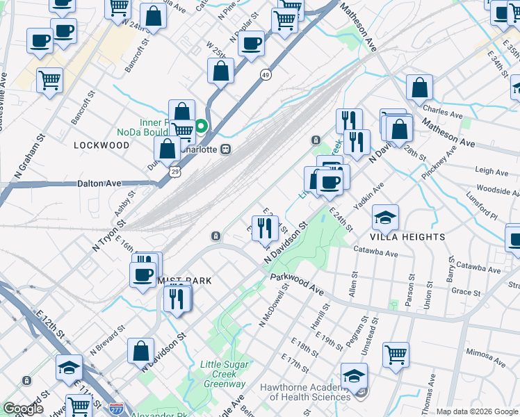 map of restaurants, bars, coffee shops, grocery stores, and more near 425 East 22nd Street in Charlotte