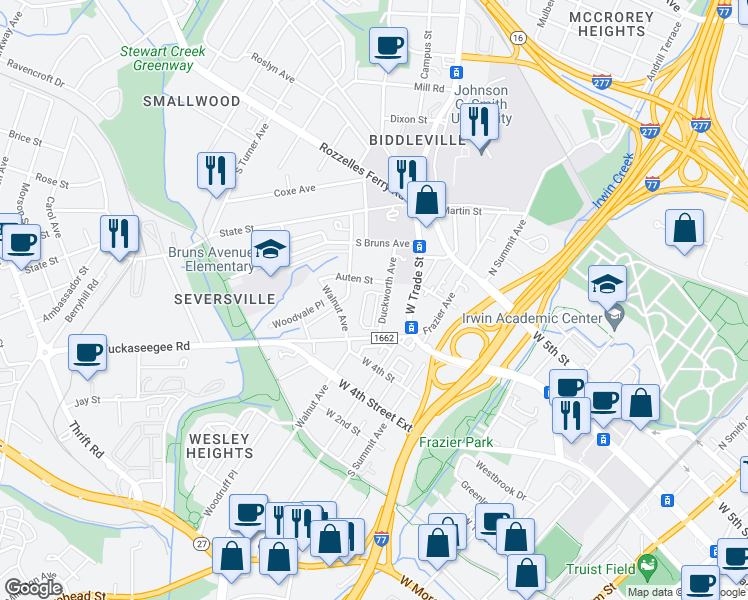 map of restaurants, bars, coffee shops, grocery stores, and more near 1707 Cannon View Lane in Charlotte