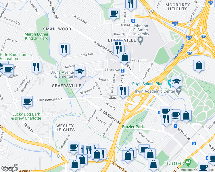 map of restaurants, bars, coffee shops, grocery stores, and more near 1707 Cannon View Lane in Charlotte