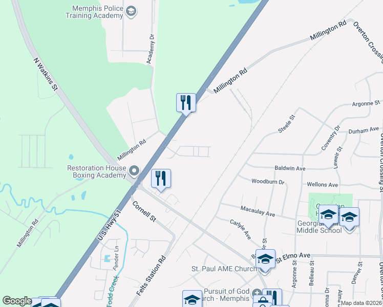 map of restaurants, bars, coffee shops, grocery stores, and more near 1645 Via Roma Drive in Memphis