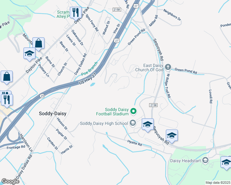 map of restaurants, bars, coffee shops, grocery stores, and more near 332 Rock Quarry Road in Soddy-Daisy