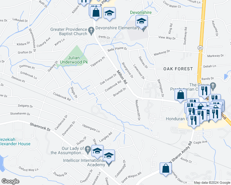 map of restaurants, bars, coffee shops, grocery stores, and more near 4307 Briarhill Drive in Charlotte