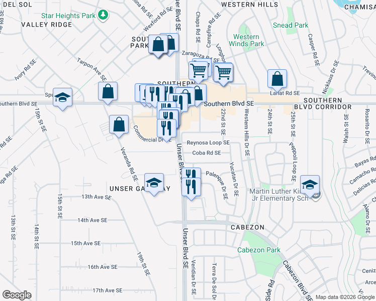map of restaurants, bars, coffee shops, grocery stores, and more near 2027 Coba Road Southeast in Rio Rancho